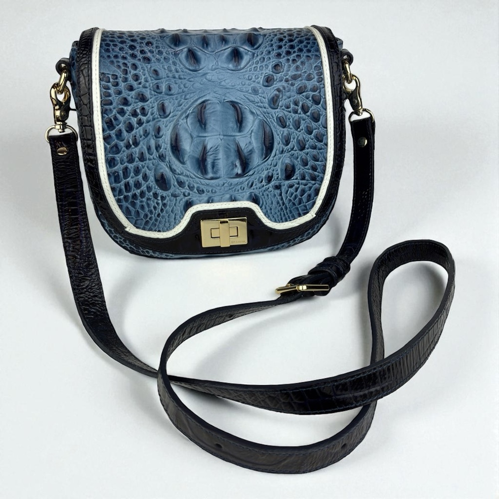 New Authentic Brahmin Mini Sonny Denim Tri-Texture Genuine Leather Bag